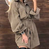 2021 casual puff sleeve mini female spring fashion women spring corduroy dress turn down collar buttons loose solid color dress