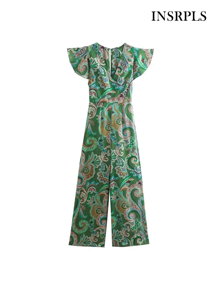 

INSRPLS Women Fashion With Belt Printed Wide Leg Jumpsuits Vintage V Neck Ruffled Short Sleeves Female Playsuits Mujer