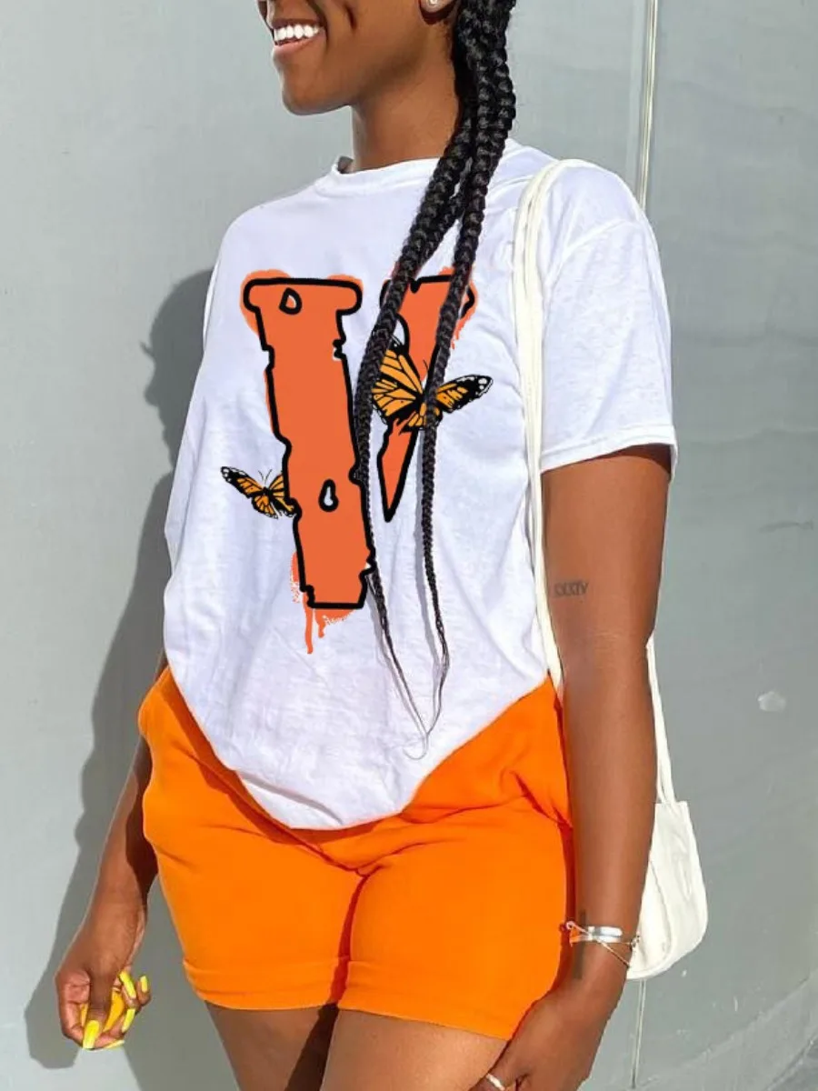 LW Plus Size Butterfly Letter Print Shorts Set Summer Women Casual T-Shirt Y2k Top Shorts Set Femme Short Sleeve Two Pieces Set