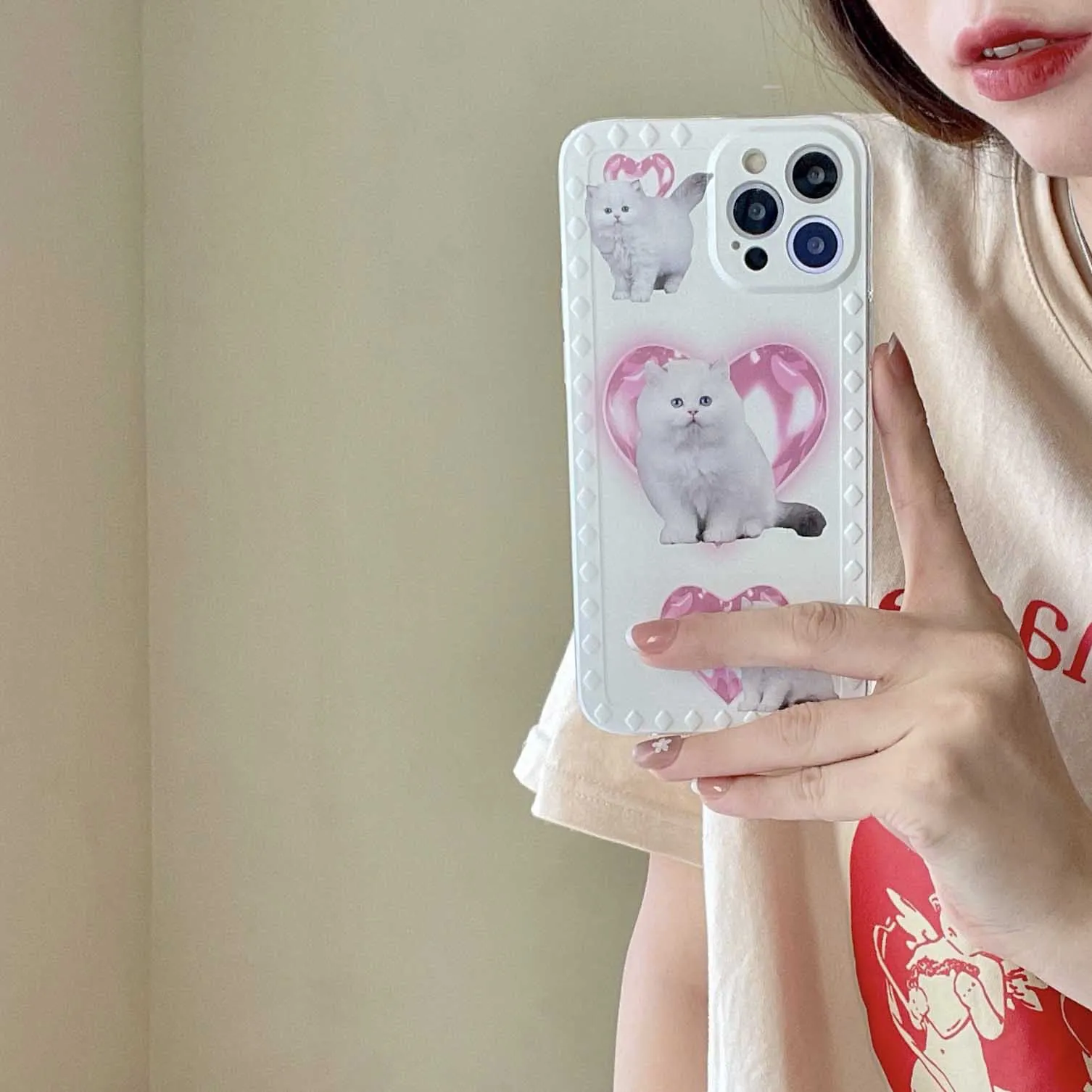 

Lovely cat & pink heart cute cartoon phone case for iphone 12 11 Pro Max XR 12ProMax 8 7 plus X XS XSMAX Soft silicone cover