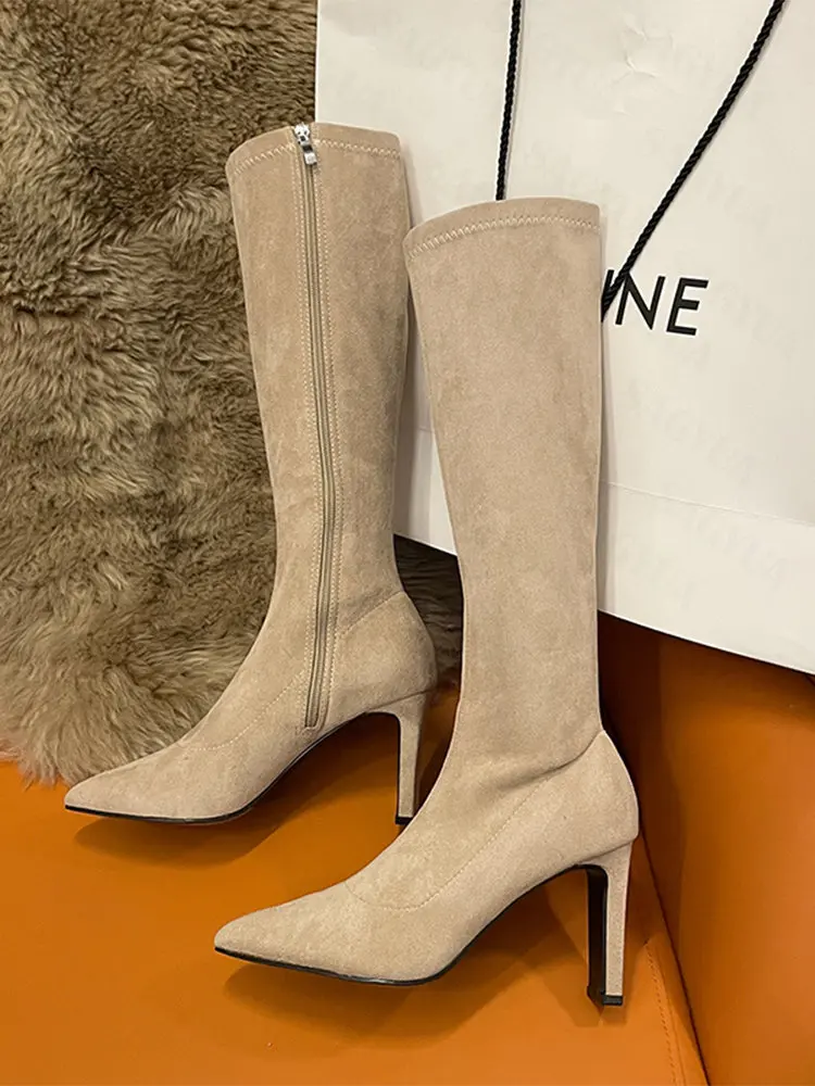 

Женские замшевые сапоги Челси на высоком каблуке, зимние высокие сапоги, новинка 2022, модные толстые туфли-лодочки, повседневная женская обу...