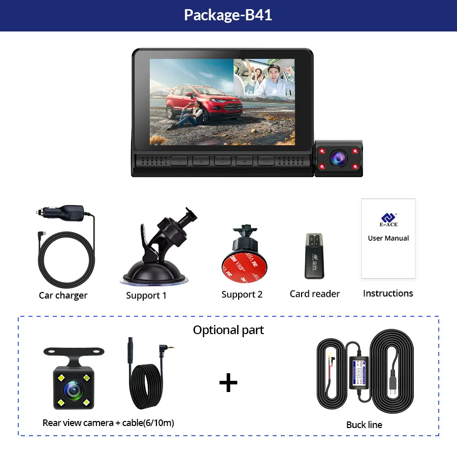 E-ACE 1080P Car DVR Night Vision B41 3 Cameras Lens Dash Cam 4 Inch Touch Screen FHD G-Sensor 24H Parking Monitoring | Автомобили и