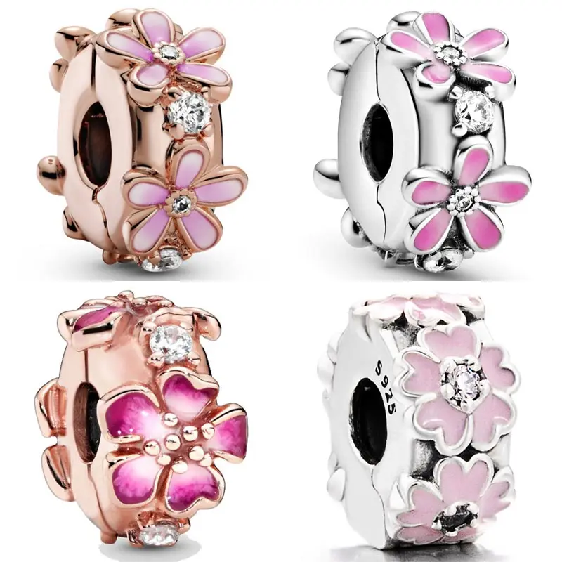 

Rose Pink Daisy Peach Blossom Primrose Flower Clip Stopper Charm 925 Sterling Silver Beads Fit Pandora Bracelet Diy Jewelry