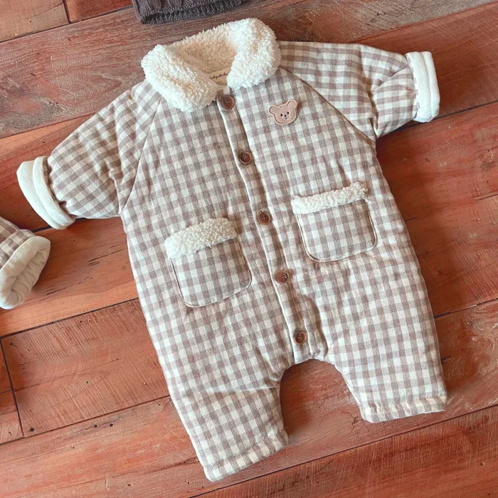 

Baby Cotton Plaid Jumpsuit 2022 Winter New Fashion Cotton Wool Collar Boy's One Piece Clothes Casual Crawling Clothes