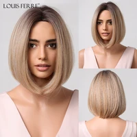 louis ferre ombre blonde short bob synthetic wigs medium length blonde straight wig for women fluffy daily high temperature hair