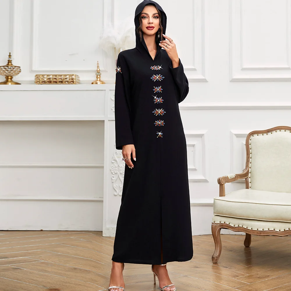 Black Abayas For Women Diamonds Hooded Robe Middle East Arabic Ramadan Abaya Muslim Dress Robe Femme Musulmane