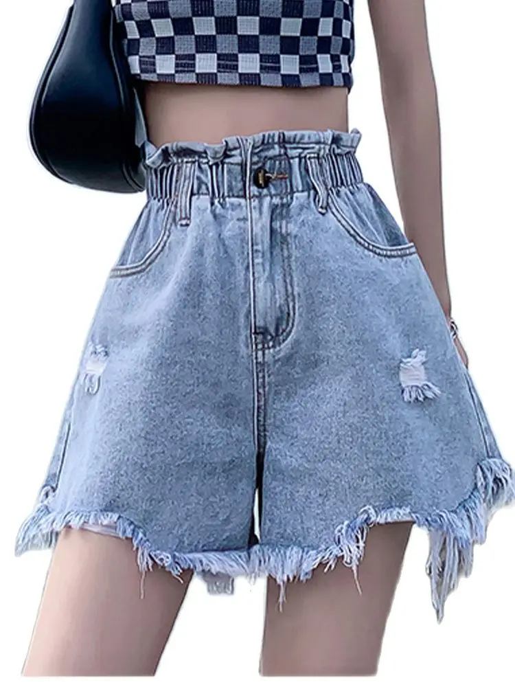 

M-6XL Retro Jeans Elastic Waist Thin Wide Legs Fray Shorts 2022 Summer New Korean Fashion Women's Clothing
