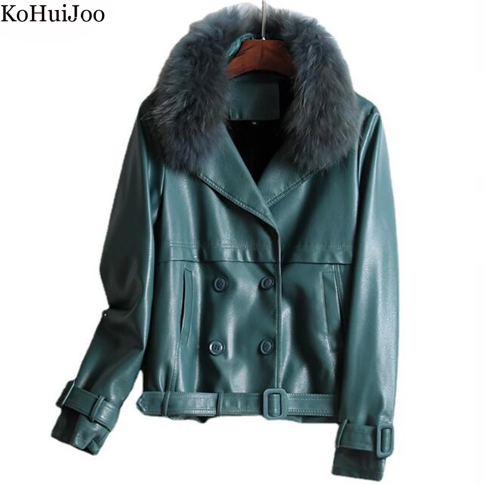 KoHuiJoo Leather Jacket With Real Fur Collar Fashion 2022 Autumn Winter Korean Short Slim Warm Pu Leather Coats for Large Women