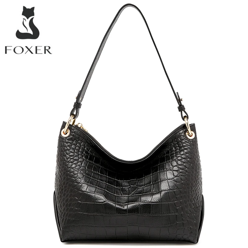 FOXER Women Shoulder Bags Split Leather Underarm Bag Fashion Retro Large Capacity Purse High Quality Handbag Ladies Office Bag