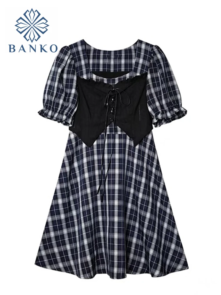 

Casual Short Sleeve Mini Dress For Women 2022 Summer Patchwork Plaid Woman Dresses Clothing Retro Square Collar Femme Vestidos