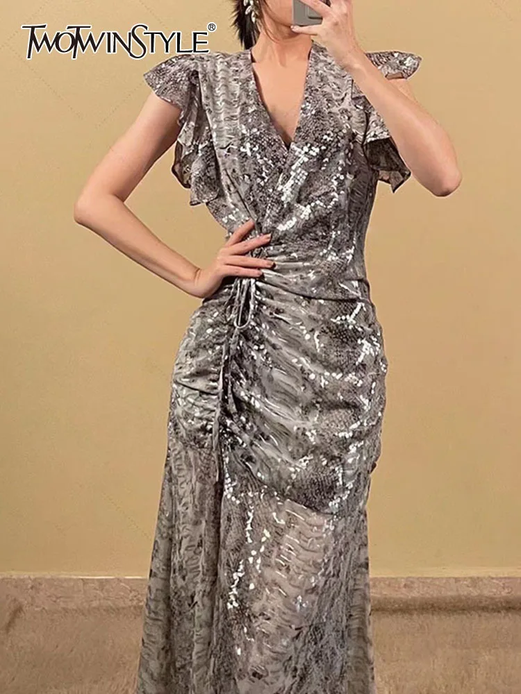 

TWOTWINSTYLE Vintage Print Colorblock Dress For Women V Neck Sleeveless High Waist Loose Midi Dresses Female Summer Clothing New