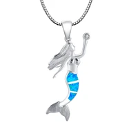 925 sterling silver mermaid pendant blue opal womens neclace
