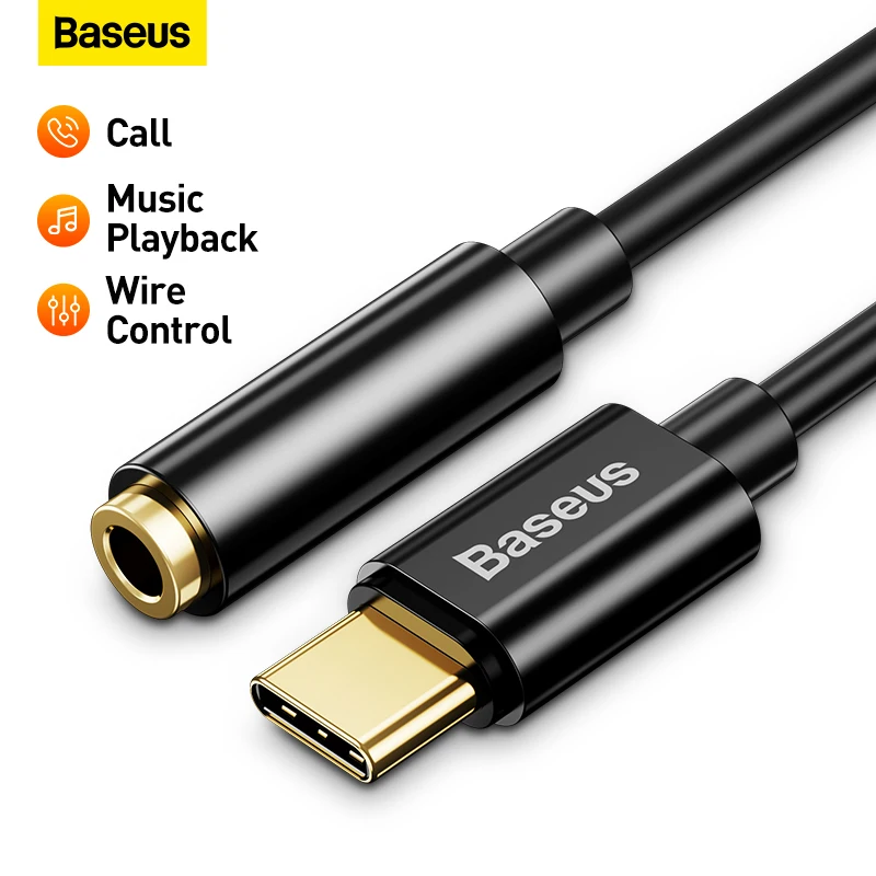 

Baseus Aux Cable Type-C to 3.5mm Audio Jack Converter Wired Earphone Adapter for Huawei P30 Xiaomi Mi10 Samsung Oneplus 9