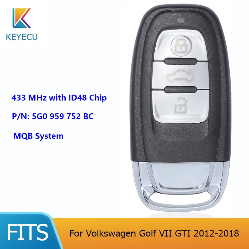 

KEYECU for Volkswagen Golf VII GTI 2012-2018 FCC: 5G0 959 752 BC MQB System Smart Remote Car Key 3 Buttons Fob 434MHz ID48 Chip