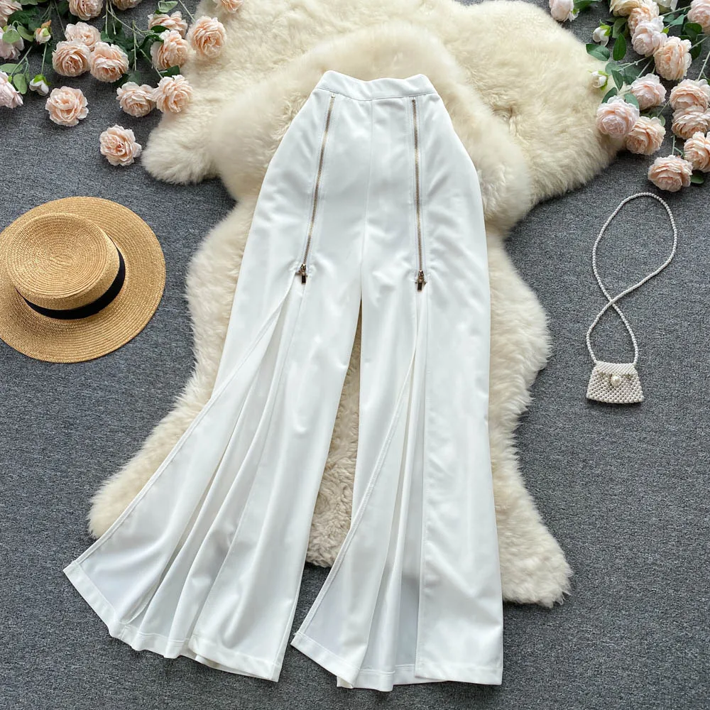 

Casual Loose Pants For Women Elastic High Waist Pleated Wide Leg Pants Zippers Woman Flare Pants Autumn Dropshipping
