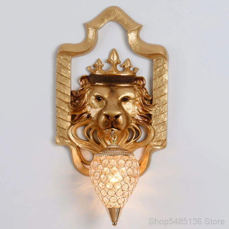 

European Resin Lion Led Wall Lamp for Living Room Decoration Bedroom Bar Loft Decor Crystal Wall Sconce Bathroom Light Fixtures