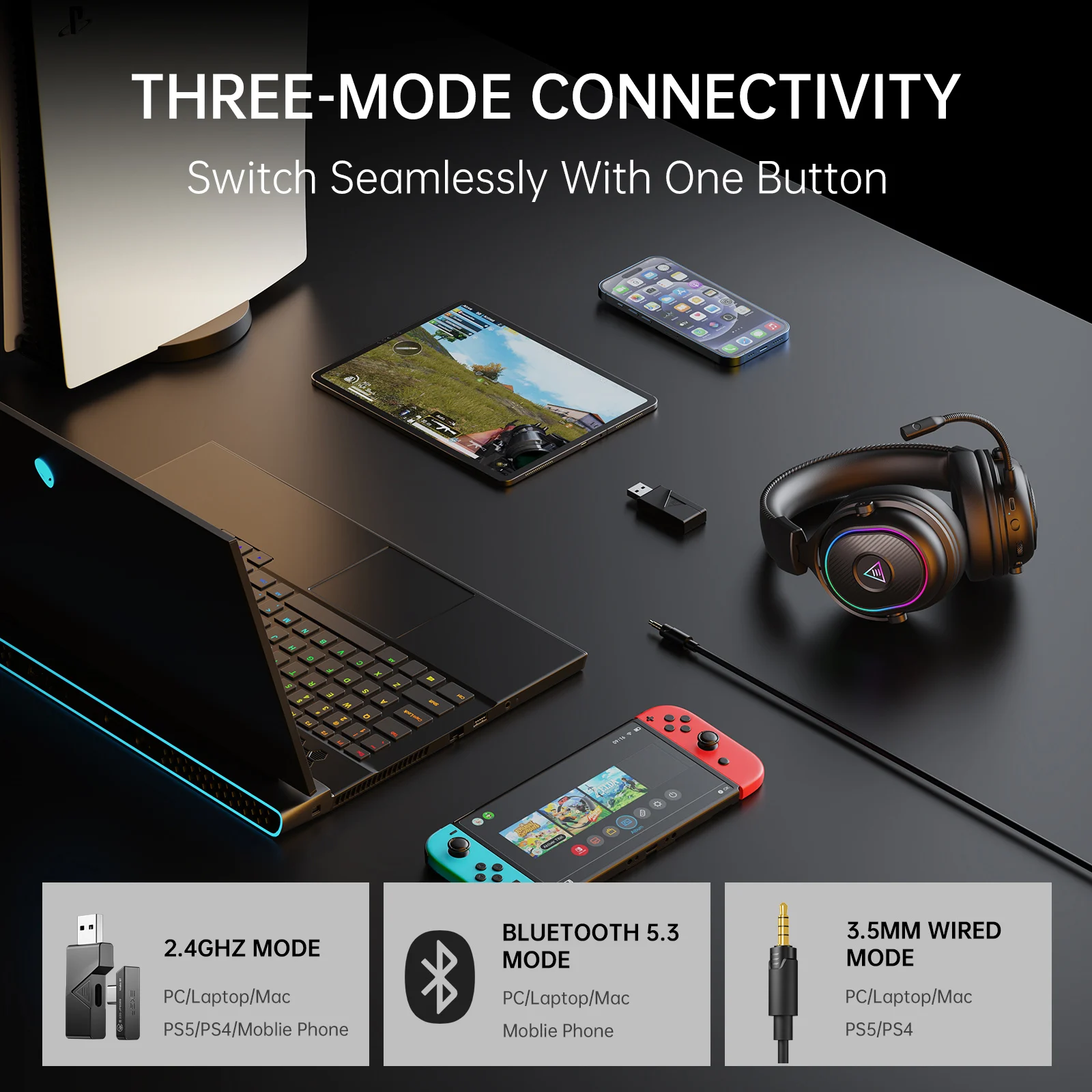 Фото EKSA MaKo BT Bluetooth игровая гарнитура 2,4 ГГц с низкой задержкой накладные беспроводные наушники геймер с микрофоном RGB подсветка для ПК/PS4/PS5 №2