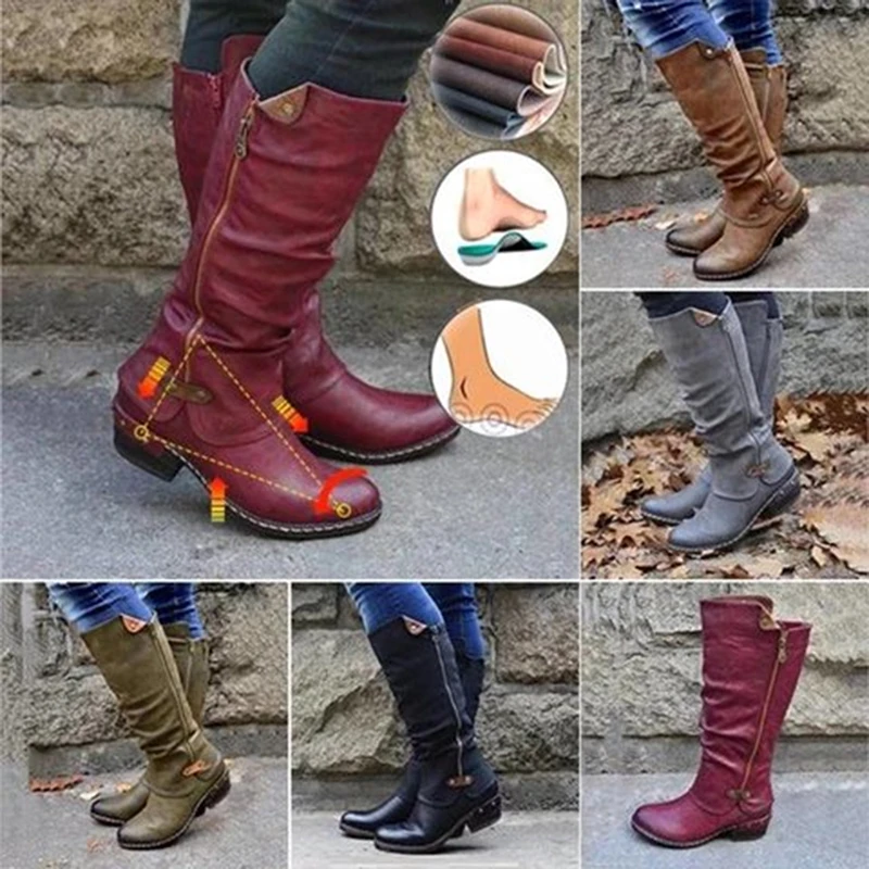 

Women's Mid Calf Boots Vintage British PU Leather Shoes Woman Low Heel Zip Sewing Ladies Fashion Retro Long Boots Women