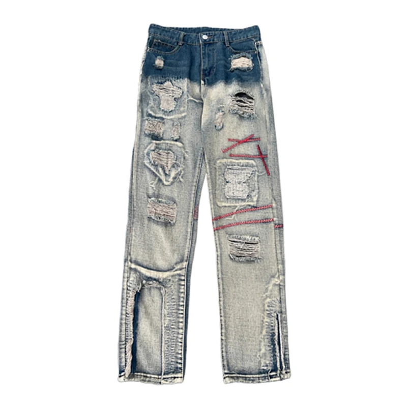 

Summer Jeans Ins Streetwear Hip Hop High Street Vintage Patch Ripped Holes Washed Denim Trousers Loose Straight Pants Men Women