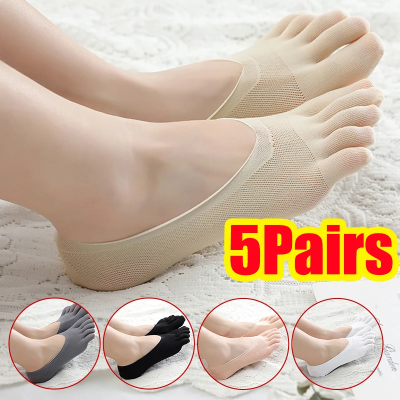 

5pairs Women Summer Five-Finger Socks Ultrathin Funny Toe Invisible Sokken with Silicone Anti-Skid Breathable Anti-Friction Sock