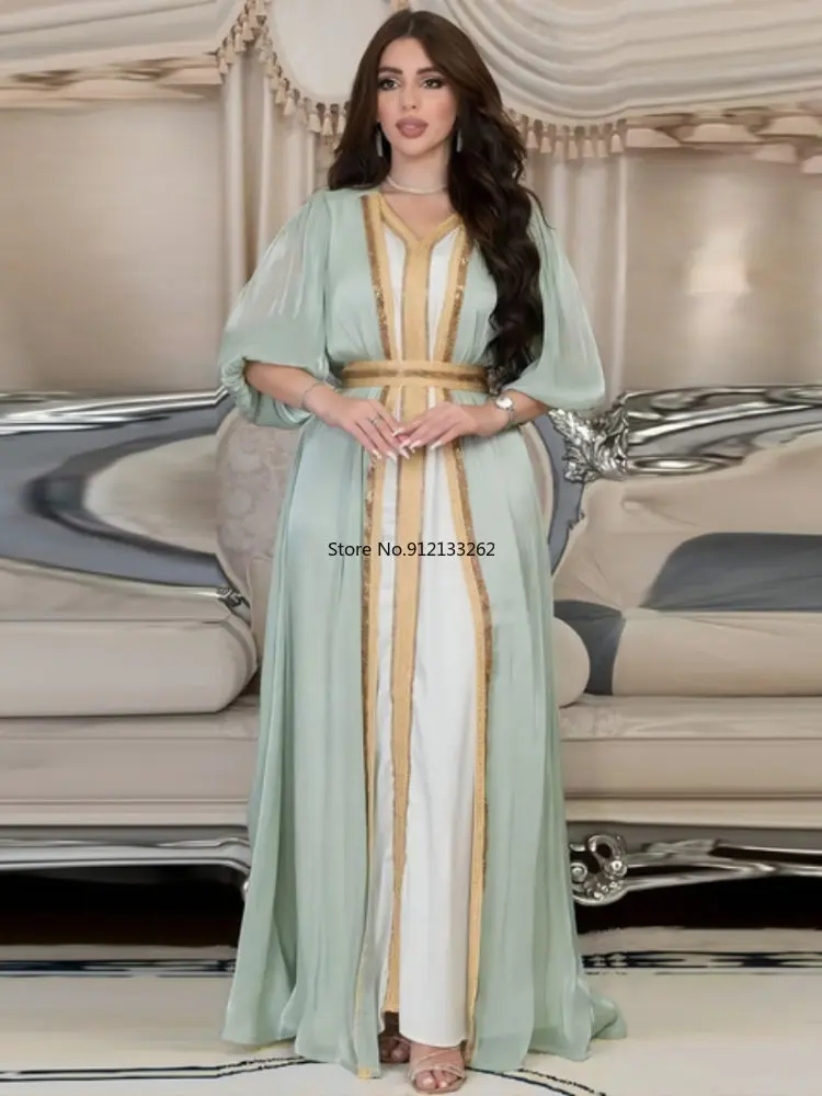 Moroccan Caftan Luxury 2023 Silk Satin Elegant Lantern Sleeve 3pcs Dress Diamonds Abaya Muslim Sets Ramadan Dresses For Women