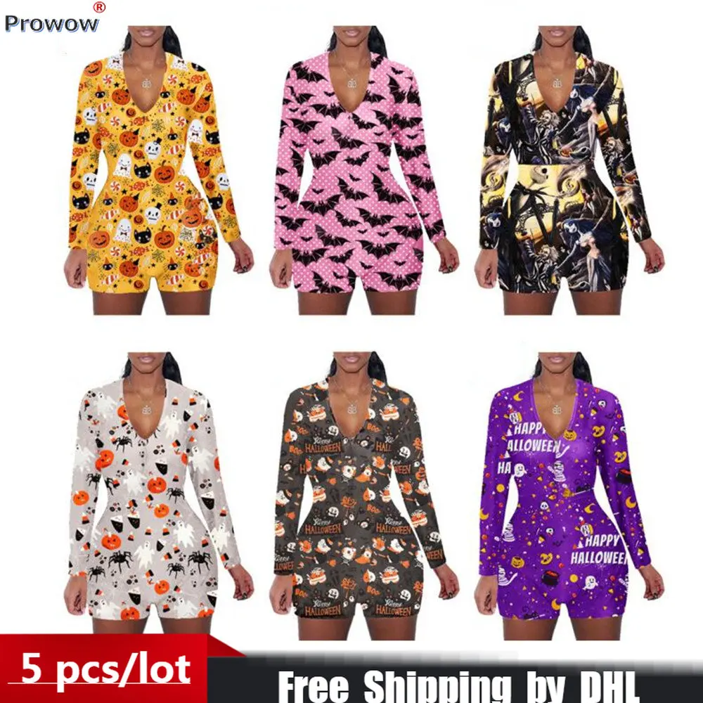 2022 Fall Winter Women Rompers Soft Hallowmas Print Lady Home Jumpsuit Shorts Casual Bodycon Femme 1 Piece Outfit Wholesale 8487