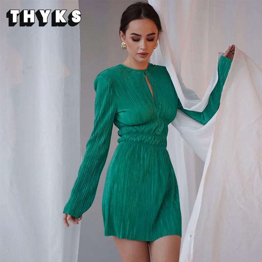 

Плиссированное облегающее платье с высокой талией, женское мини-платье с круглым вырезом и длинным рукавом, модное женское вечернее длинно...