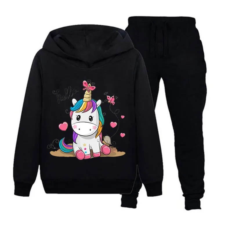 

Cartoon unicorn with butterflies bird Kids Hoodies Boy Girl Sweatshirt Clothes Set Hooded Pants Suit Children Pullover Sportwear