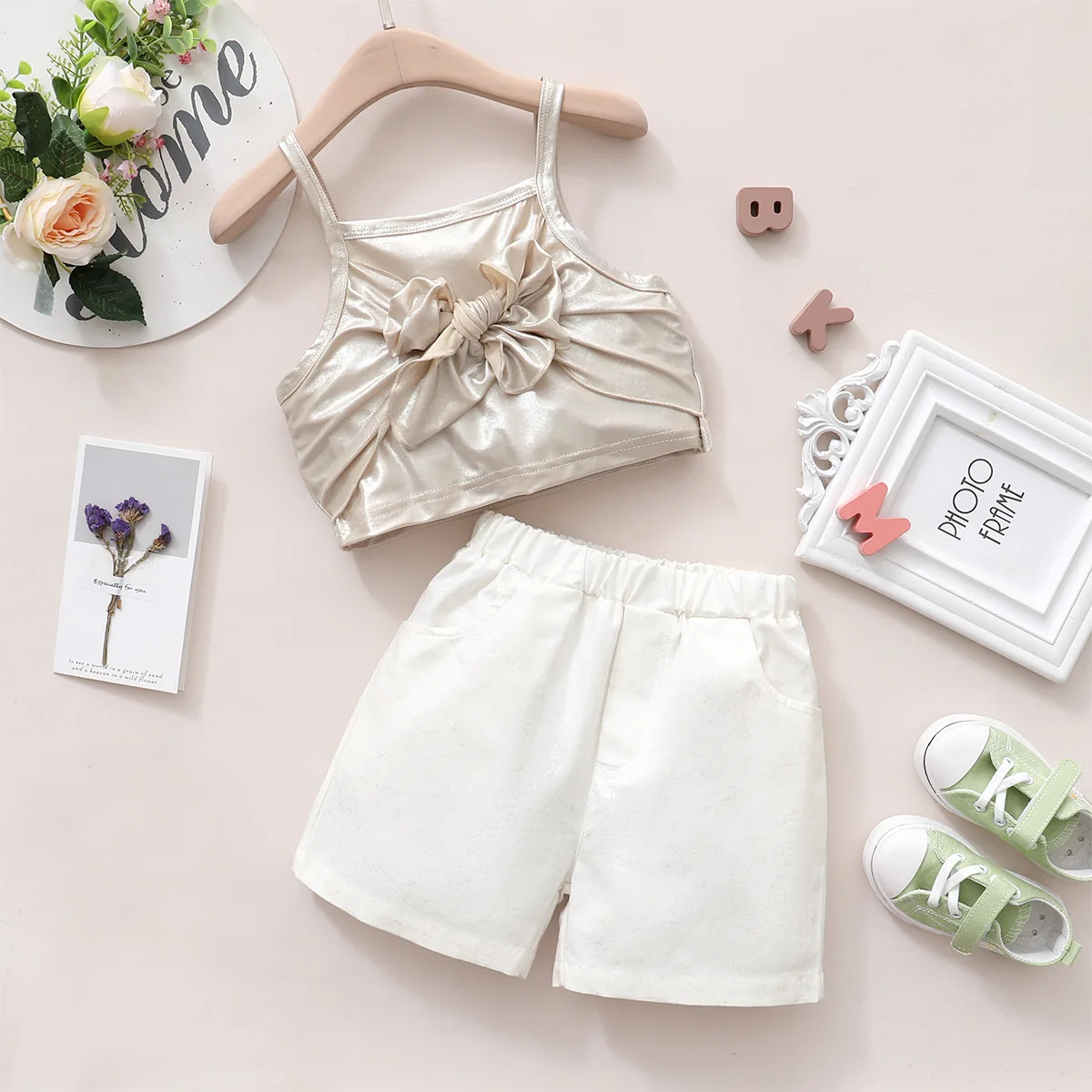 

Girls summer suit new girl solid color sleeveless suspender top + solid color shorts suit baby girl suspender 2-piece suit