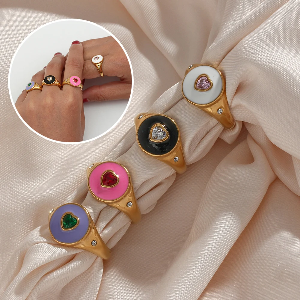 

New Ins Creative Cute Colorful Rhinestone Love Heart Ring Vintage Drop Oil Metal Heart Rings For Women Girls Fashion Jewelry