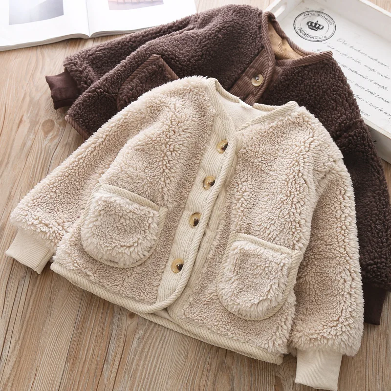 

2022 Fall Winter Korean Boys Clothes For Girls Cardigan Granular Velvet Loose Lamb Velvet Warm Children's Jacket Coat For Girls