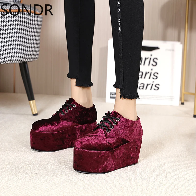 

Womens Platform Velvet Lace Up Wedge High Heel Pumps Round Toe Creepers Shoes Fleecel Liner Warm Winter Girls New 2022
