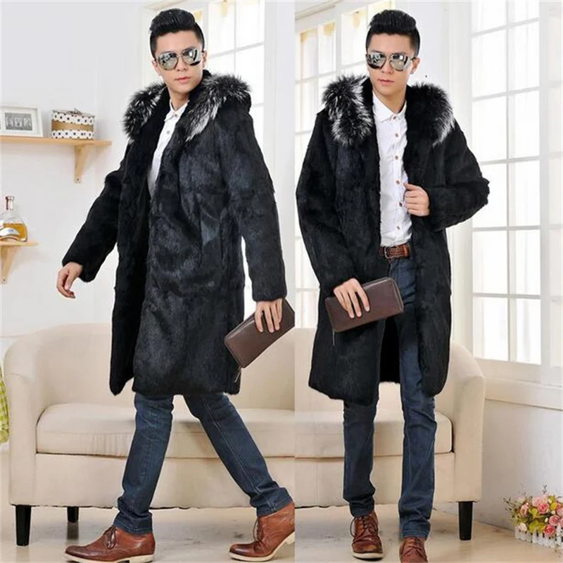 

Black warm long faux Mink rabbit fur coat mens leather jacket men coats Single-breasted Villus winter loose thermal outerwear