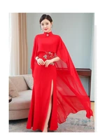 2022 new chiffon red dress chinese style floral embroidery cloak sleeves summer clothes for women cheongsam dresses split