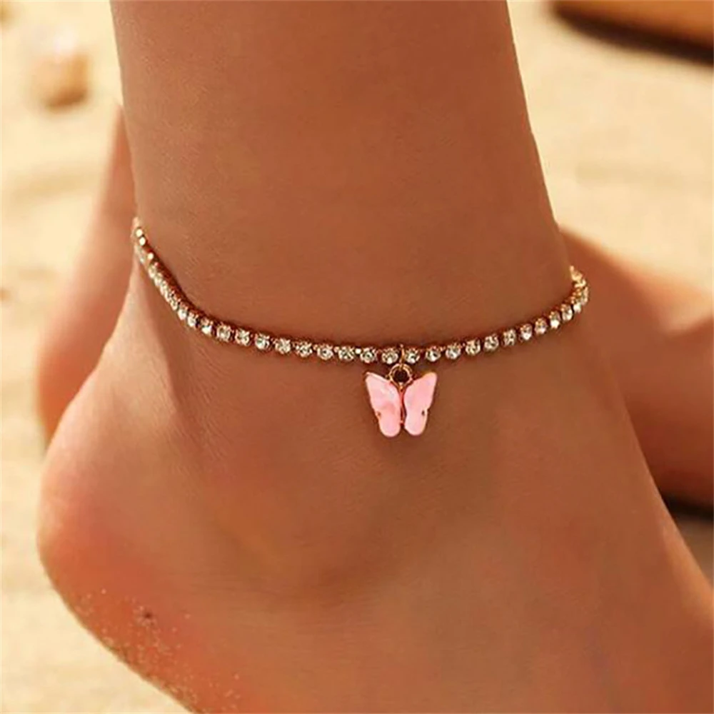 Simple Rhinestone Chain Butterfly Charms Anklets For Women Exquisite Ankle Bracelet Summer Beach Foot Chain Accessories images - 6