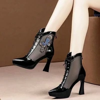 high heels womens thick heel new fashion cool boots mesh patent leather shoes rhinestone mesh bread sandals