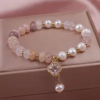 Fashion Sweet Natural Stone Violet Chalcedony Beads Pearl Bracelet for Women Leaf Pendant Hand String Girlfriend Jewelry Party