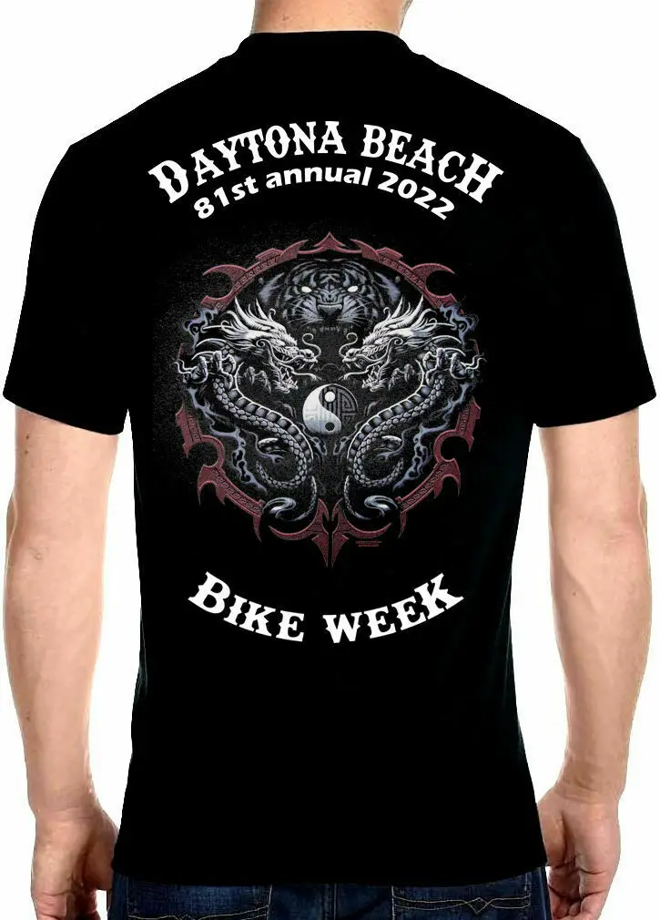 

Mens 2022 Daytona Beach Bike Week Ying Yang Dual Dragons Tee Shirt