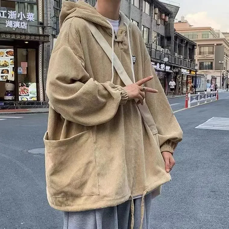 Стильная вельветовая толстовка с капюшоном для мужчин осенне-зимняя свободная в