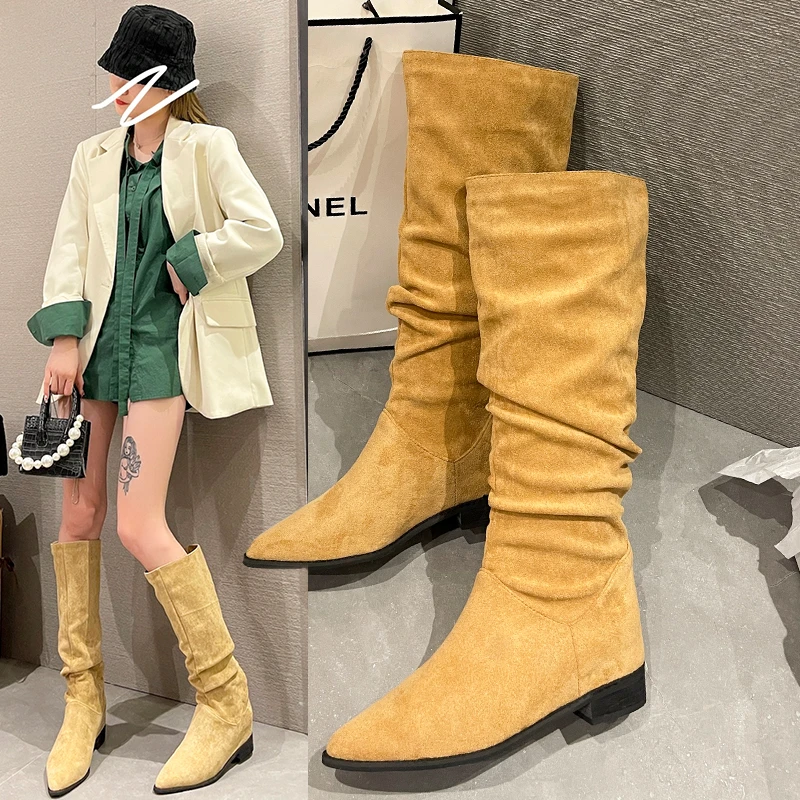

2022 Women Mid-Calf Boots Autumn Winter Punk Genuine Leather Boots women Zipper Cross-tied Riding Boots High Heels Shoes Woman