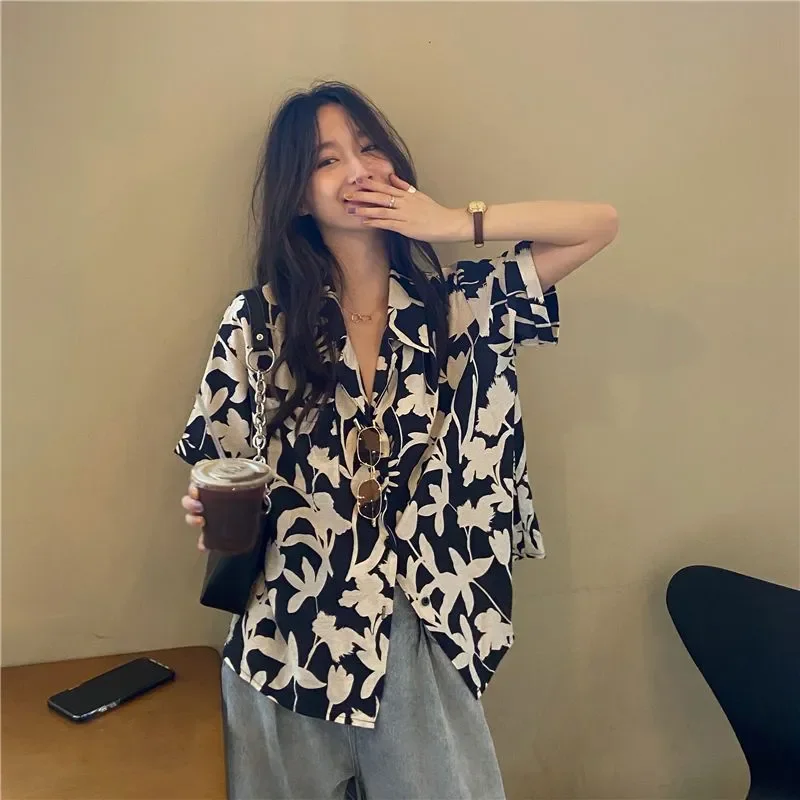 

Summer New Printing Loose Shirt Tops Short Sleeve V Neck Versatile Youth Blouse Fashion Casual Women Clothing