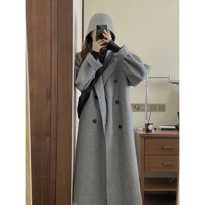 

Womens Woolen Coat 2022 Winter New Korean Medium Long Grey Double Faced Cashmere Woolen Coat for Women