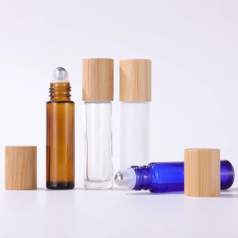 Glass Essential Oil Roller Bottles 5ml 10ml Refillable Perfume Sample Vial 5ml Roll On Bottle with Bamboo Lid 50 pcs