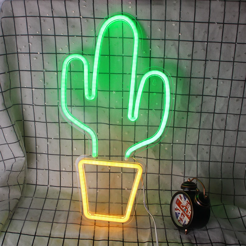 Wanxing Cactus LED Neon Signs USB Powered Acrylic Neon Night Light Wall Hanging Art For Office Shop Kids Room Decor Xmas Gift