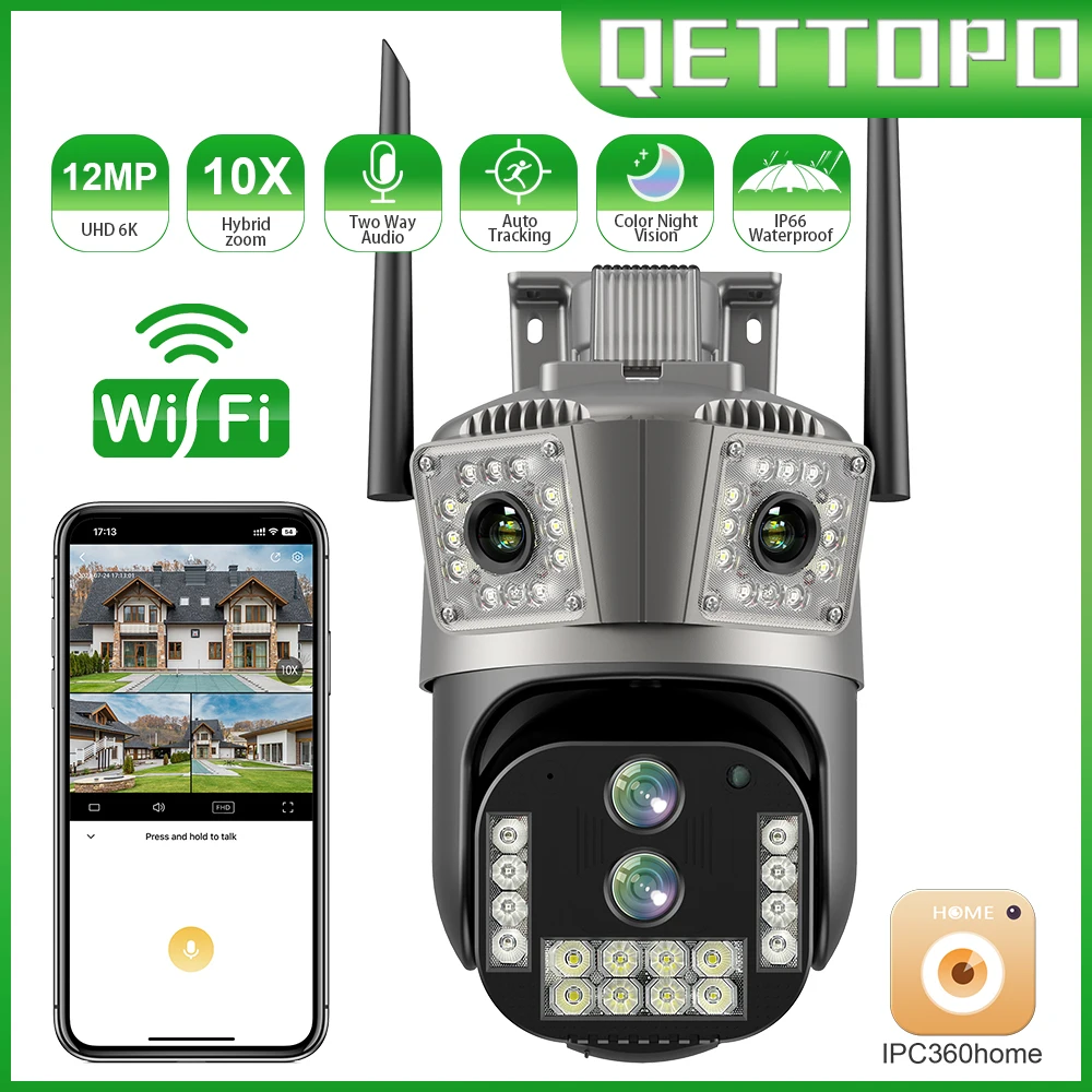 

IP-камера Qettopo, 6K, 12 МП, 4 объектива, Wi-Fi, PTZ