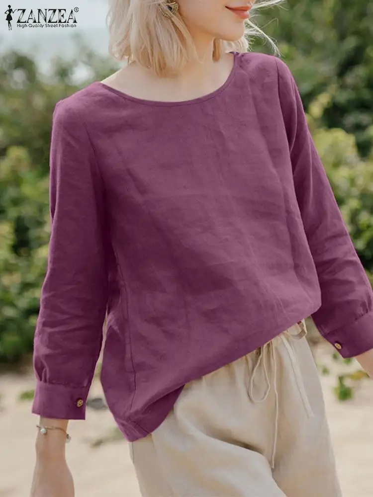 

ZANZEA Women Vintage Solid Shirt Casual Loose Tunic Tops Female Fashion Autumn Long Sleeve Cotton Holiday Blouse Summer Blusas