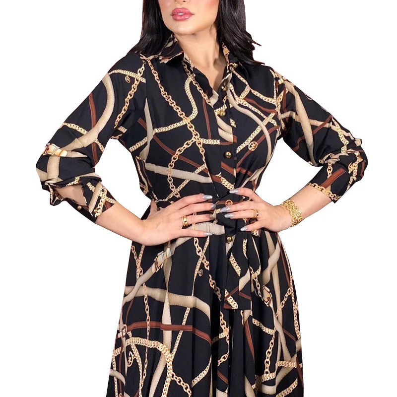 2023 Muslim Women's Clothing V-neck Printed Casual Dress with Belt Middle East Dubai Abaya Vintage Robe Caftan Marocain Femme