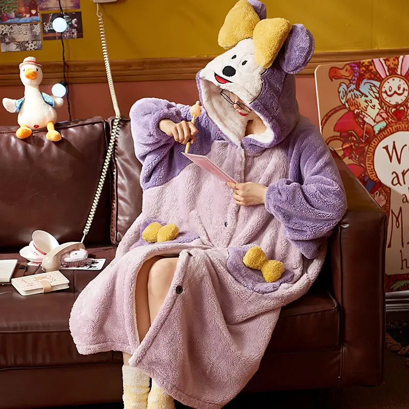 

Pajamas Flannel Ladies Thickened Pajamas Nightdress Long Sleeve Super Cute Warm Home Pajamas