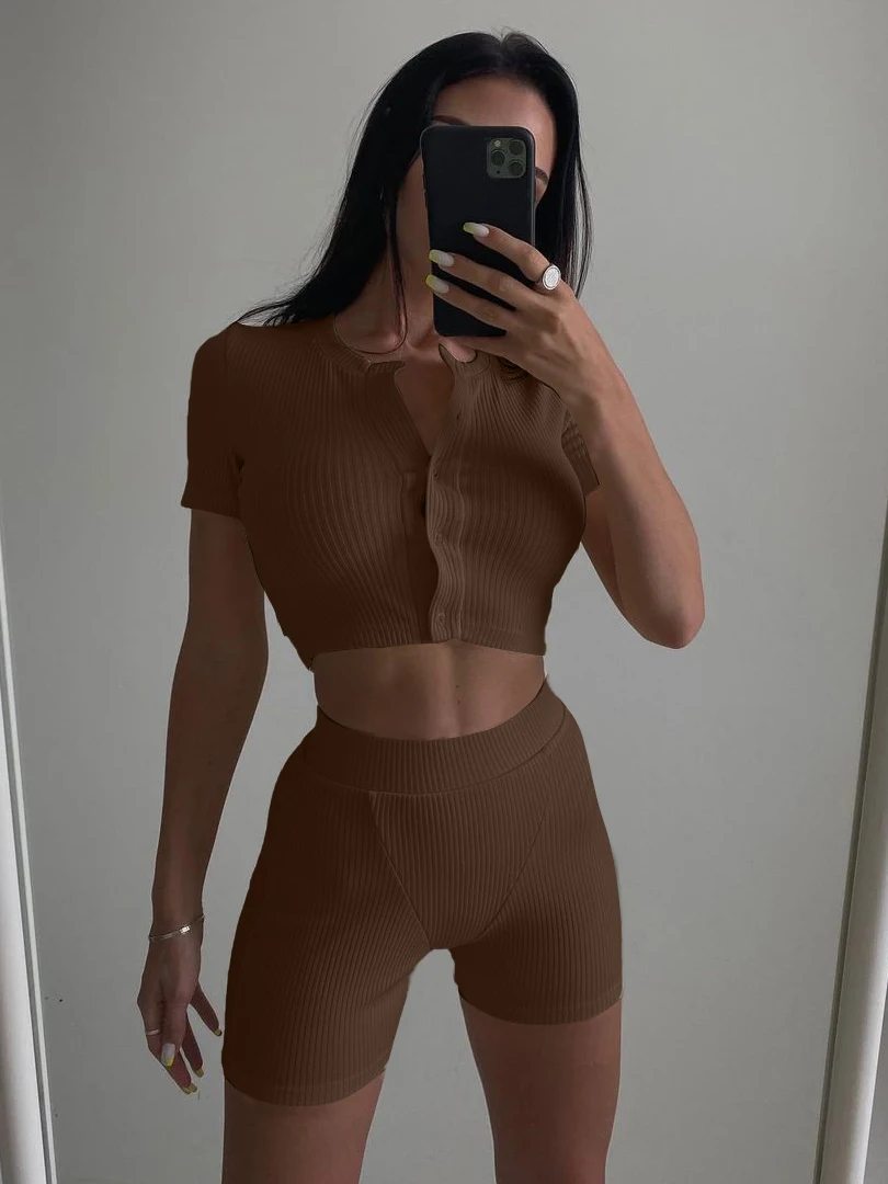 

2022 Solid Knitted Rib Fitness Shorts Sets Women Sexy Short Sleeve Strapless Tank Tops Party Tracksutis Yoga Running Sportwear