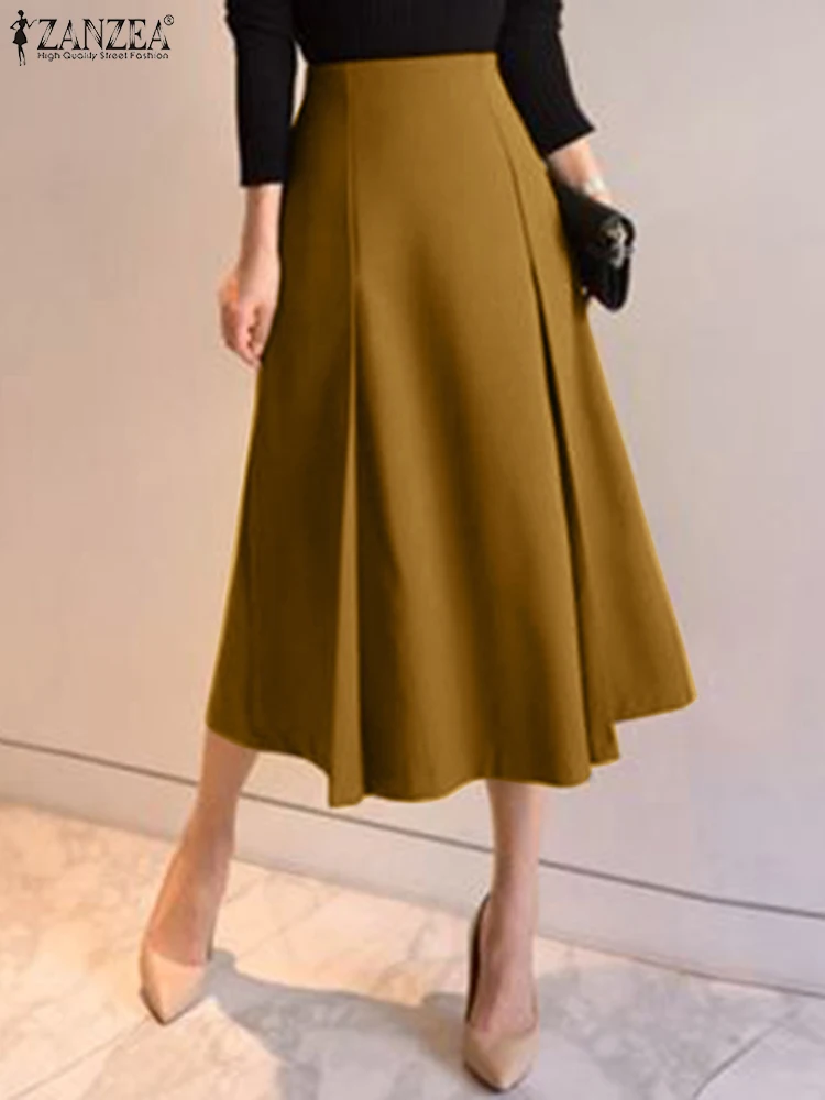 

2023 Women Pleated Holiday Skirt Robe Femme Casual Solid A Line Faldas Oversized Office Lady ZANZEA Vintage Saias Jupe Sundress